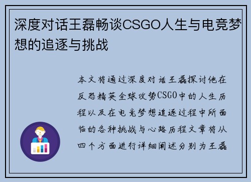 深度对话王磊畅谈CSGO人生与电竞梦想的追逐与挑战