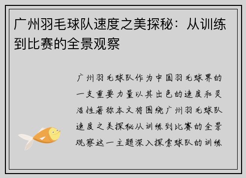 广州羽毛球队速度之美探秘：从训练到比赛的全景观察