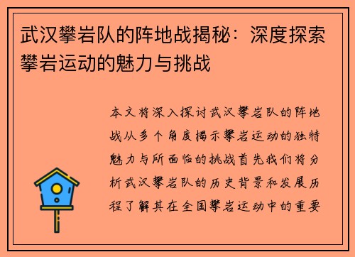 武汉攀岩队的阵地战揭秘：深度探索攀岩运动的魅力与挑战