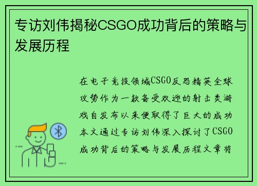 专访刘伟揭秘CSGO成功背后的策略与发展历程